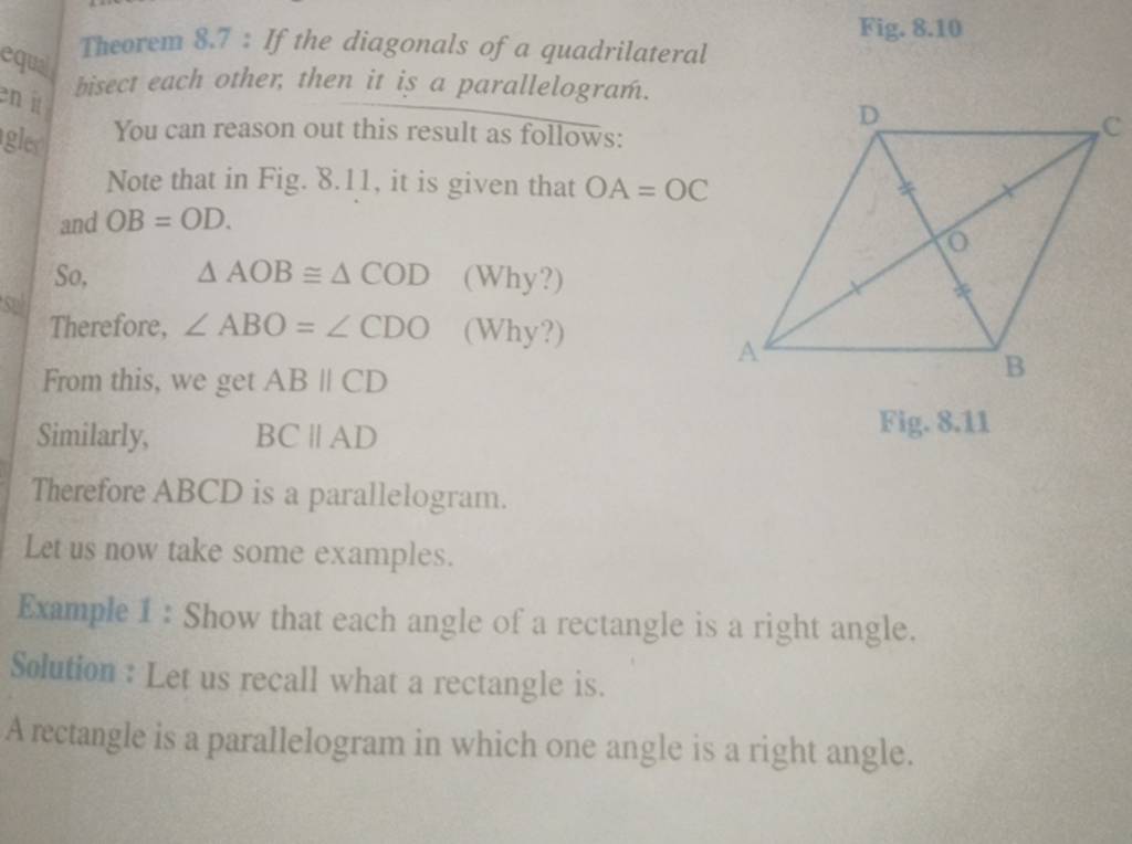 Theorem 8.7 : If The Diagonals Of A Quadrilateral Fig. 8.10 Bisect Each O..