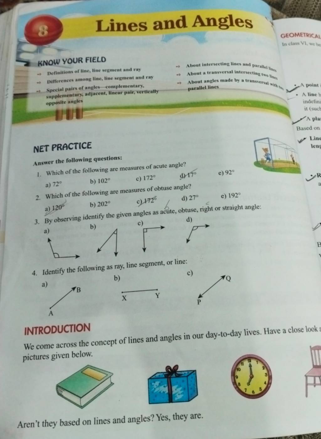 Lines and Angles KNOW YOUR FIELD → Definitions of tine, line segment and