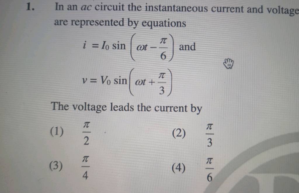In an ac circuit the instantaneous current and voltage are represented by..