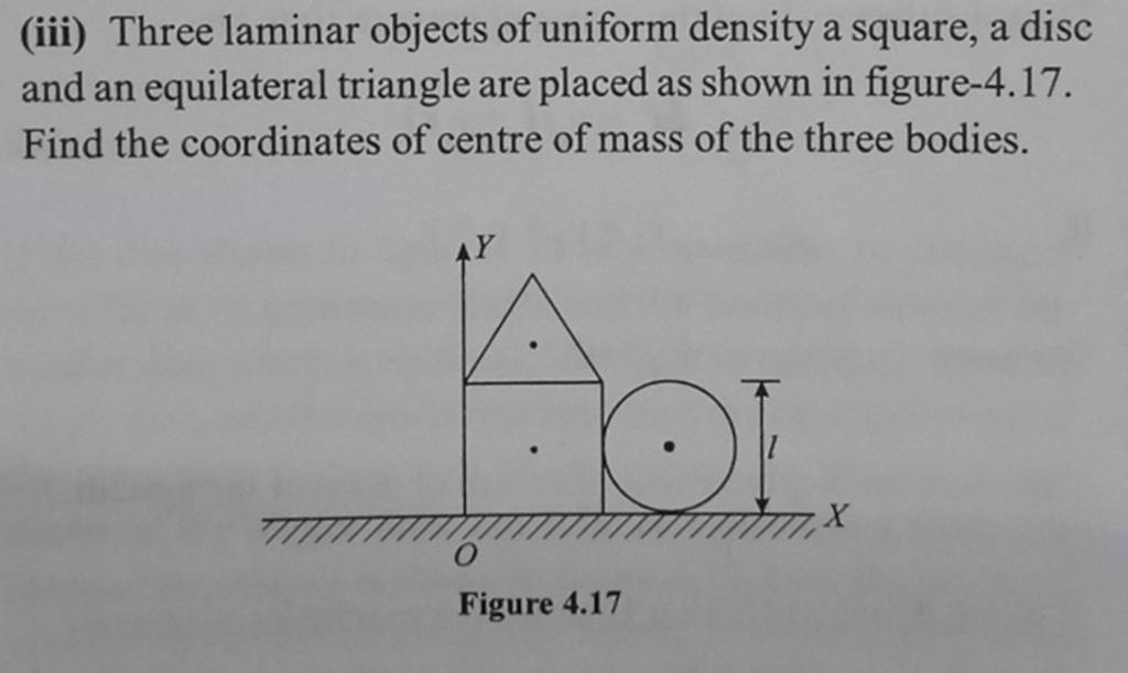 (iii) Three laminar objects of uniform density a square, a disc and an eq..