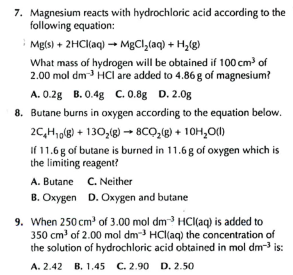 Magnesium reacts with hydrochloric acid according to the following equati..