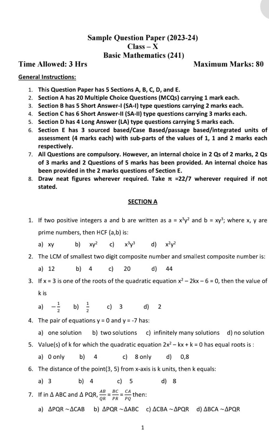 Sample Question Paper (2023-24) Class - X Basic Mathematics (241) Time Al..