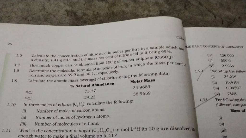 26 1.6 Calculate the concentration of nitric acid in moles per litre in a..