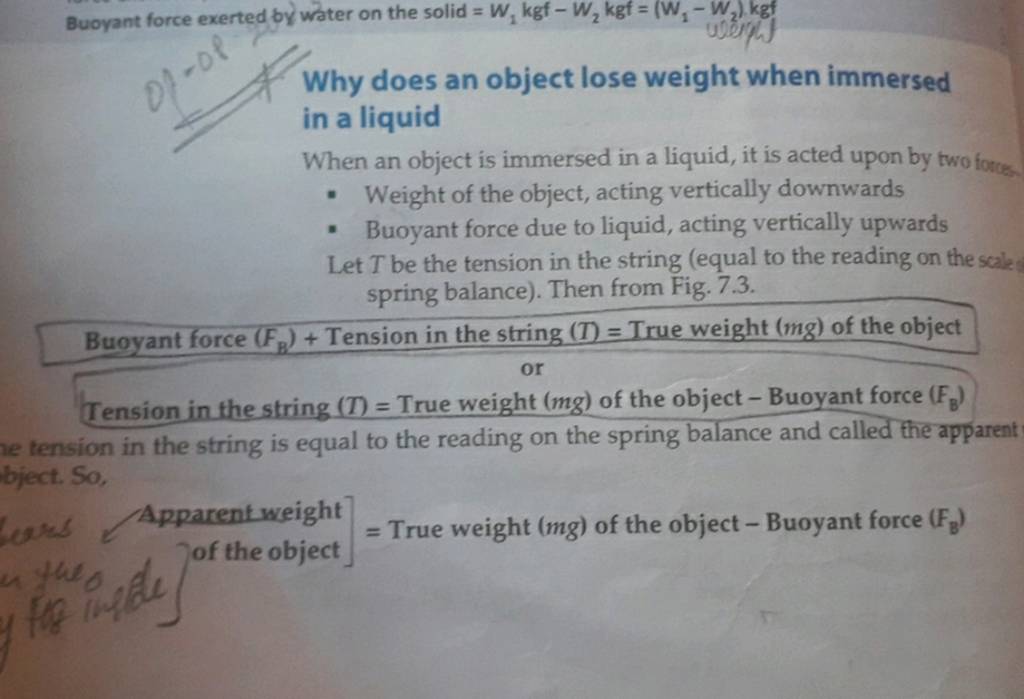 Buoyant force exerted by water on the solid =W1 kgf−W2 kgf=(W1 −W2 ).kgf