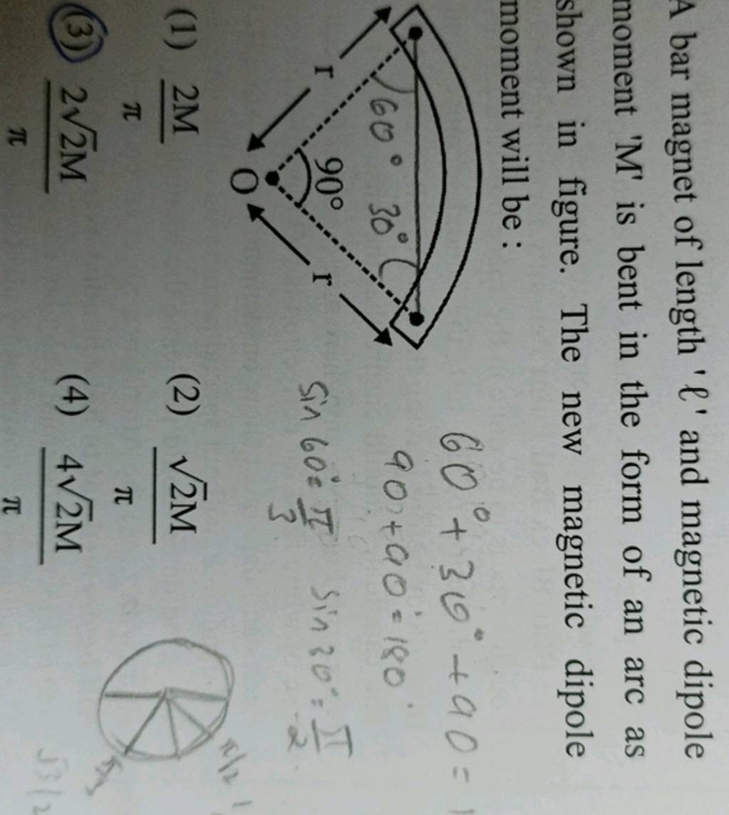A bar of length ' ℓ ' and dipole moment ' M ' is bent in