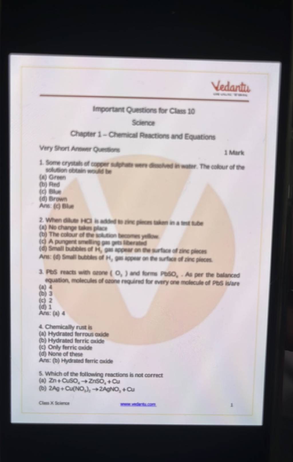 Vedantu Important Questions for Class 10 Science Chapter 1 Chemical Rea..