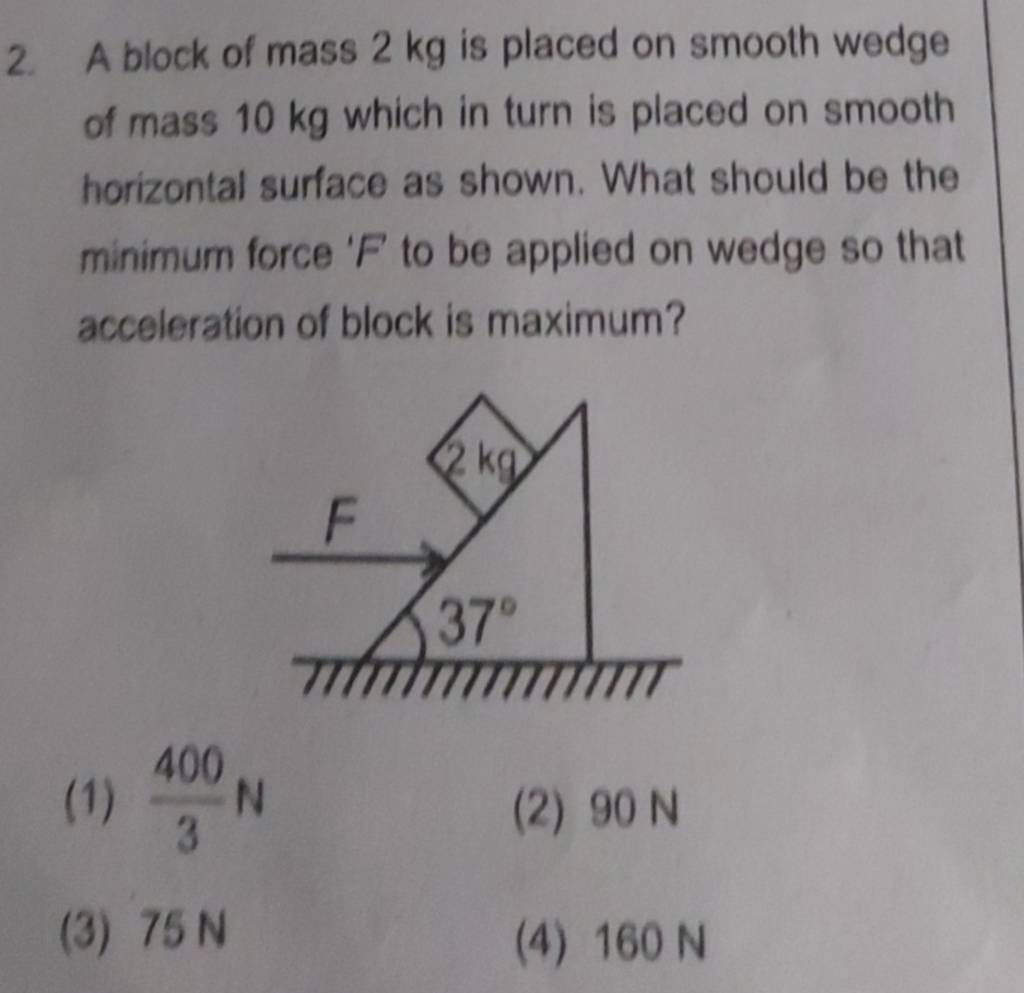 A block of mass 2 kg is placed on smooth wedge of mass 10 kg which in tur..