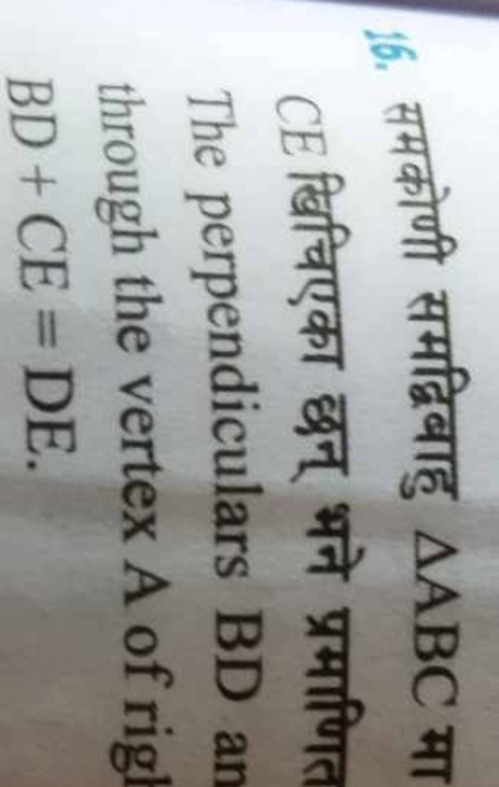 16. समकोणी समद्विबाहु ABC मा CE खिचिएका छन् भने प्रमाणित The perpendicul..