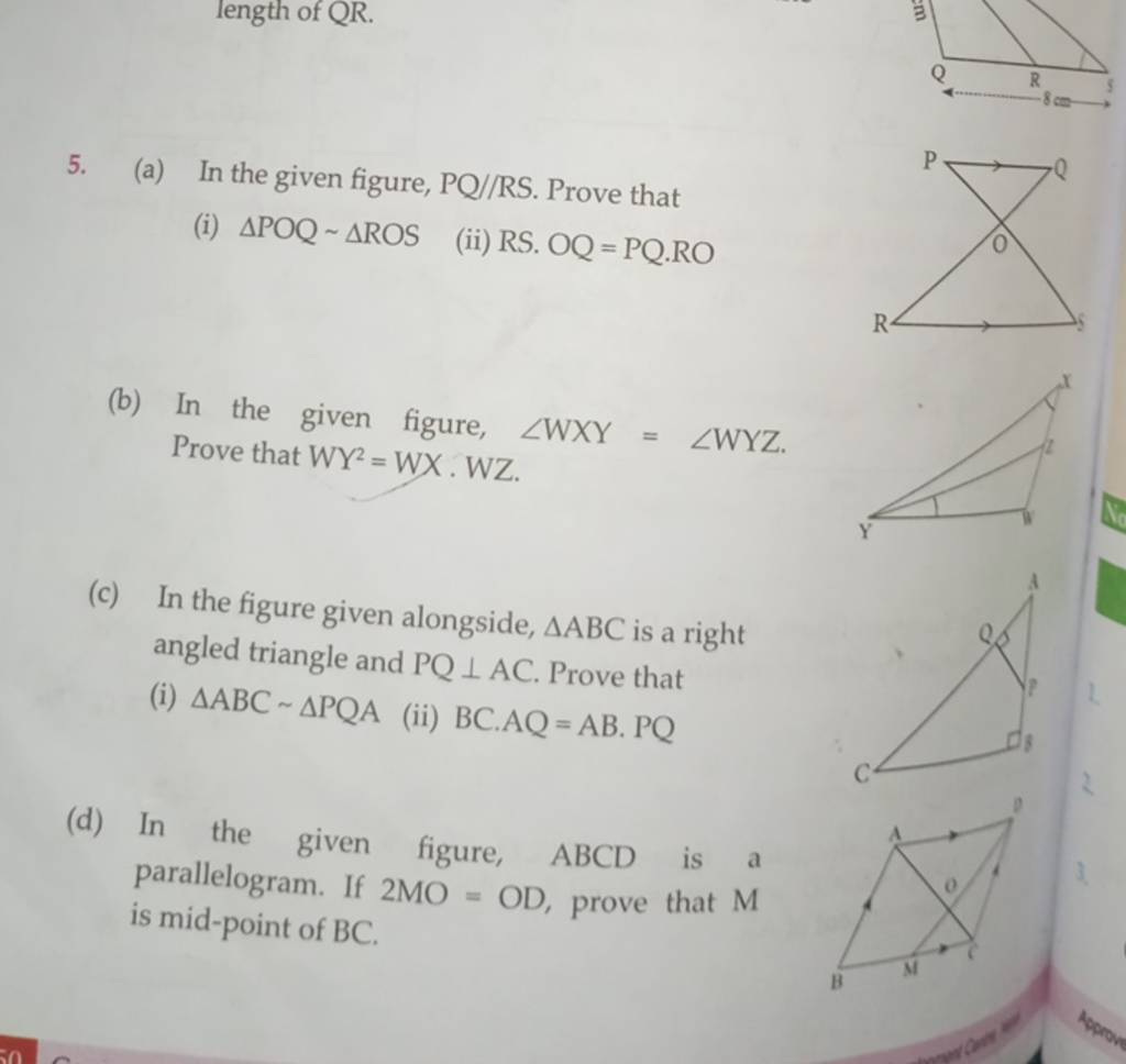 length of QR. 5. (a) In the given figure, PQ//RS. Prove that (i) POQ∼ RO..