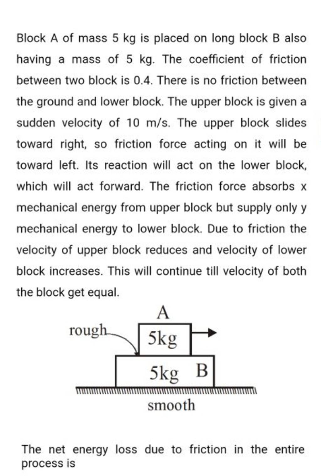 Block A of mass 5 kg is placed on long block B also having a mass of 5 kg..