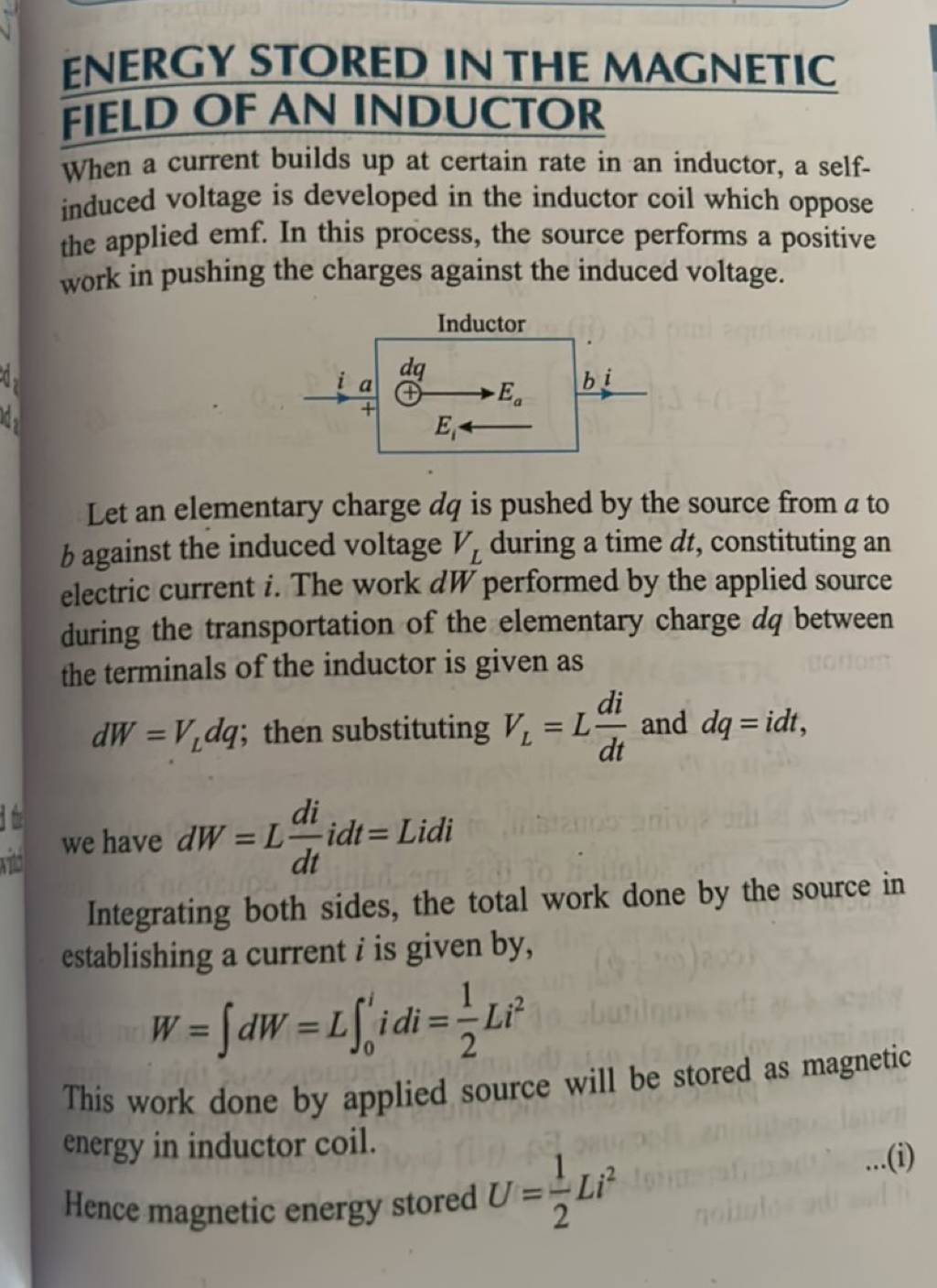 ENERGY STORED IN THE FIELD OF AN INDUCTOR When a current builds
