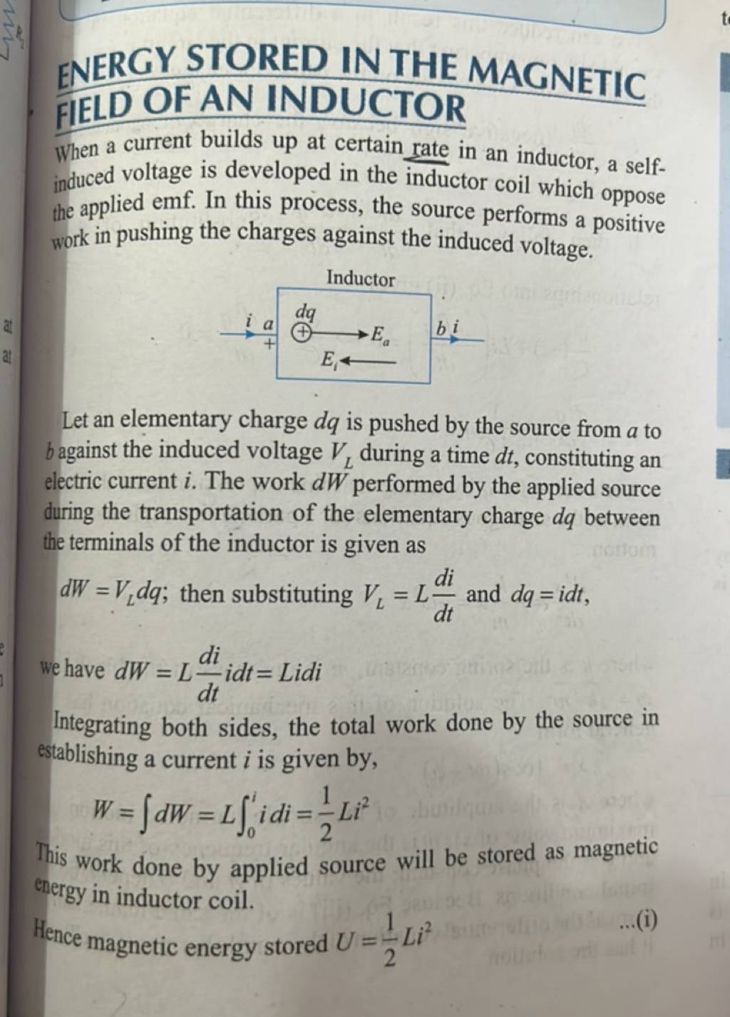 ENERGY STORED IN THE FIELD OF AN INDUCTOR When a current builds