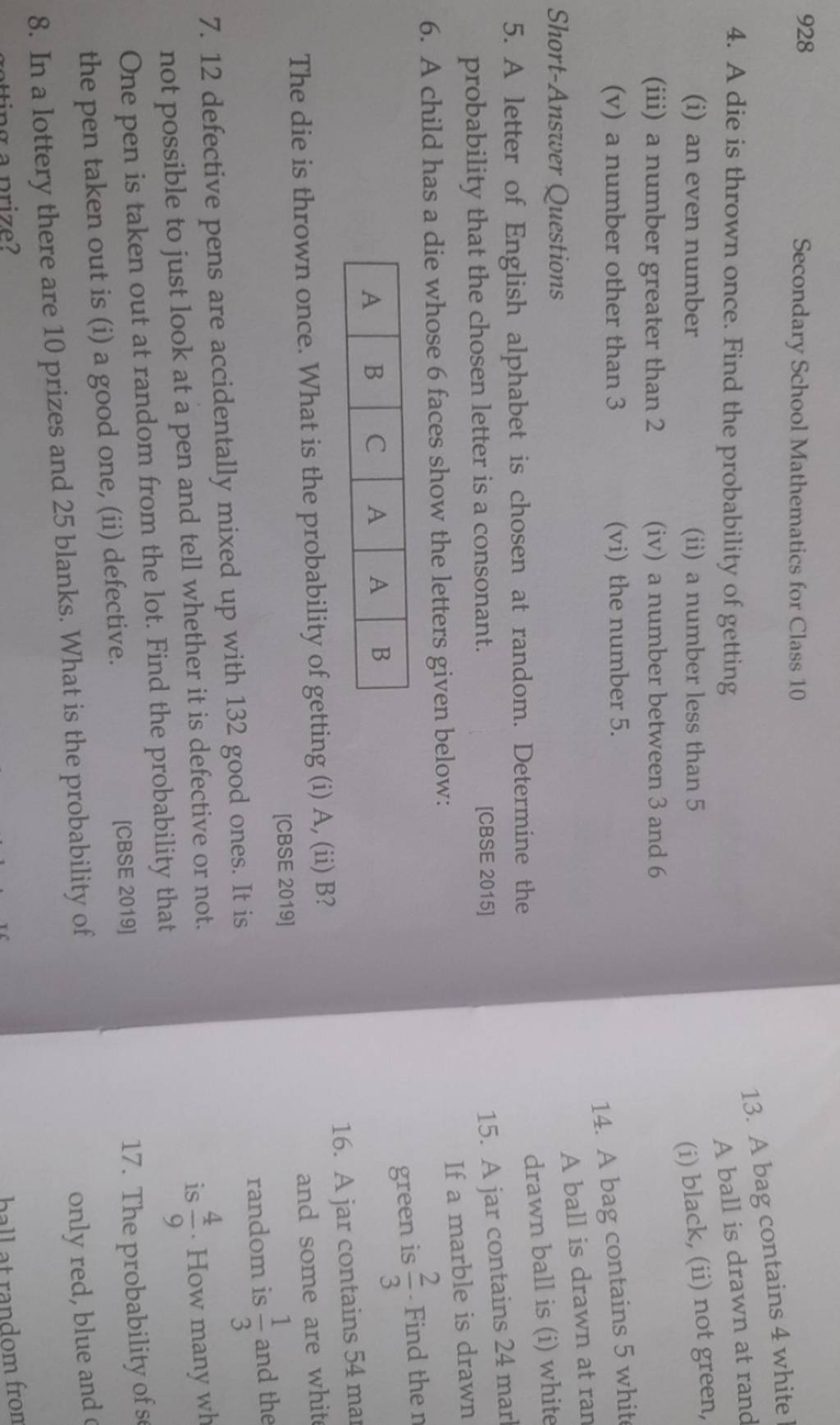 928 secondary school mathematics for class 10 4 a die is thrown once fi 