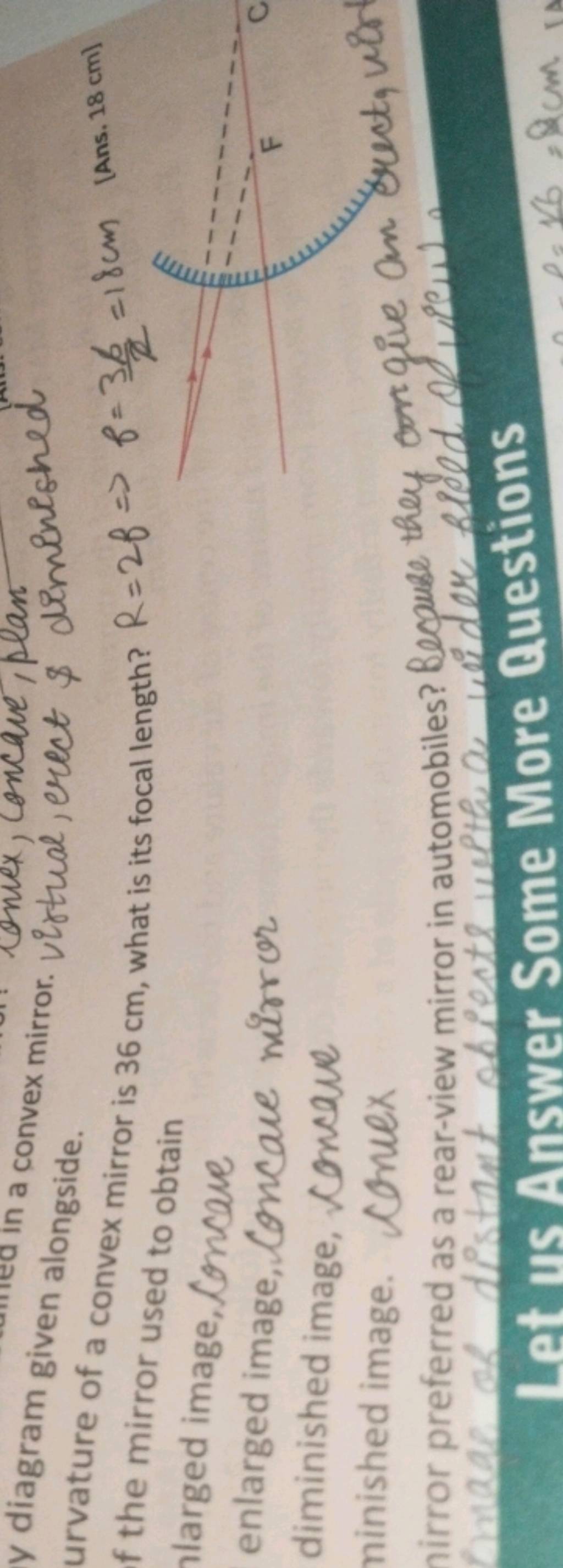 y diagram given al a convex mirror. virtual, erect \& diminished urvature..