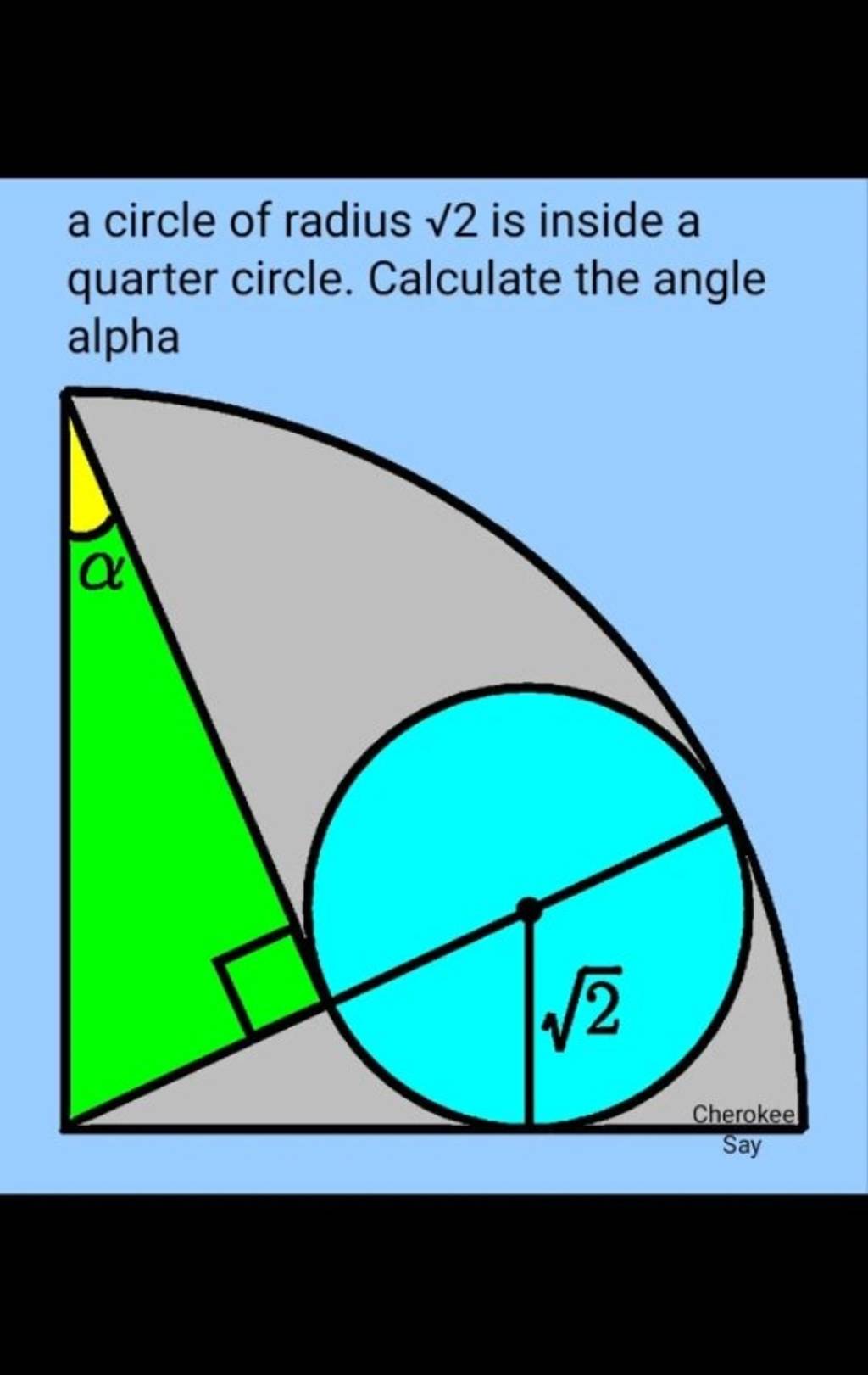 a circle of radius 2 is inside a quarter circle. Calculate the angle alp..