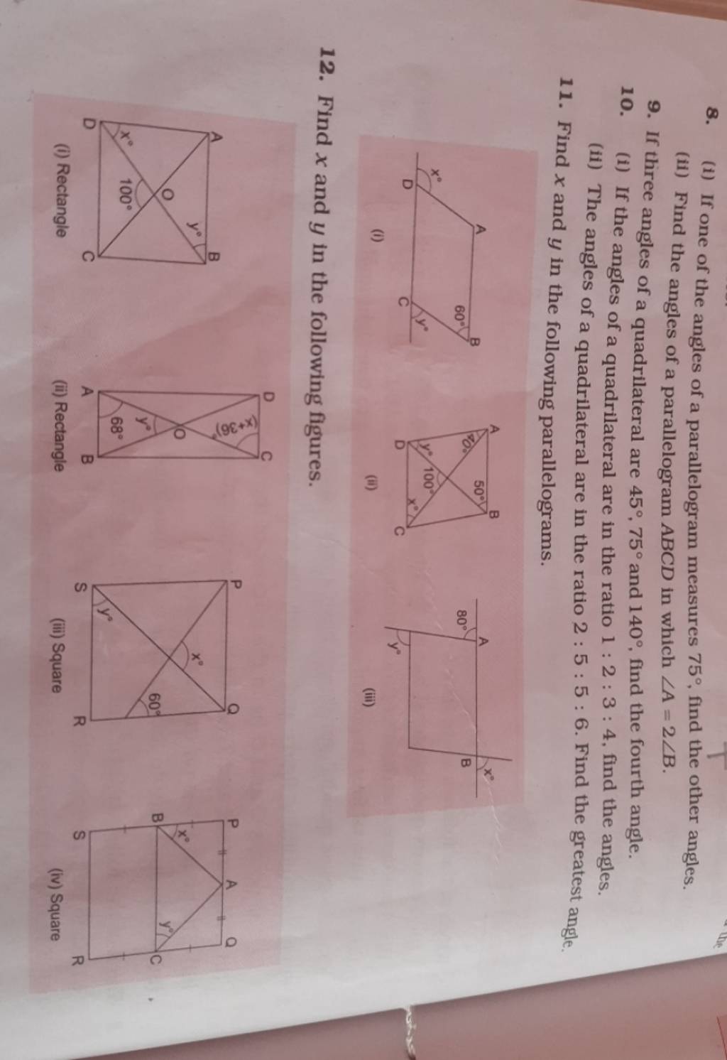 (i) If One Of The Angles A Parallelogram Measures 75∘, Find Other 