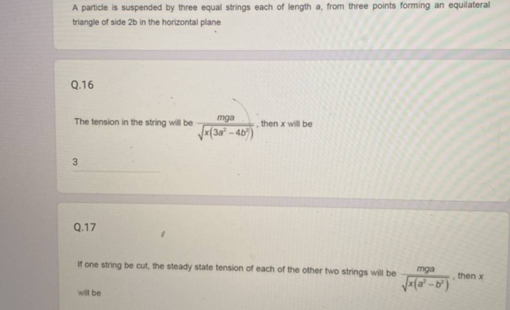 A particle is suspended by three equal strings each of length a, from thr..