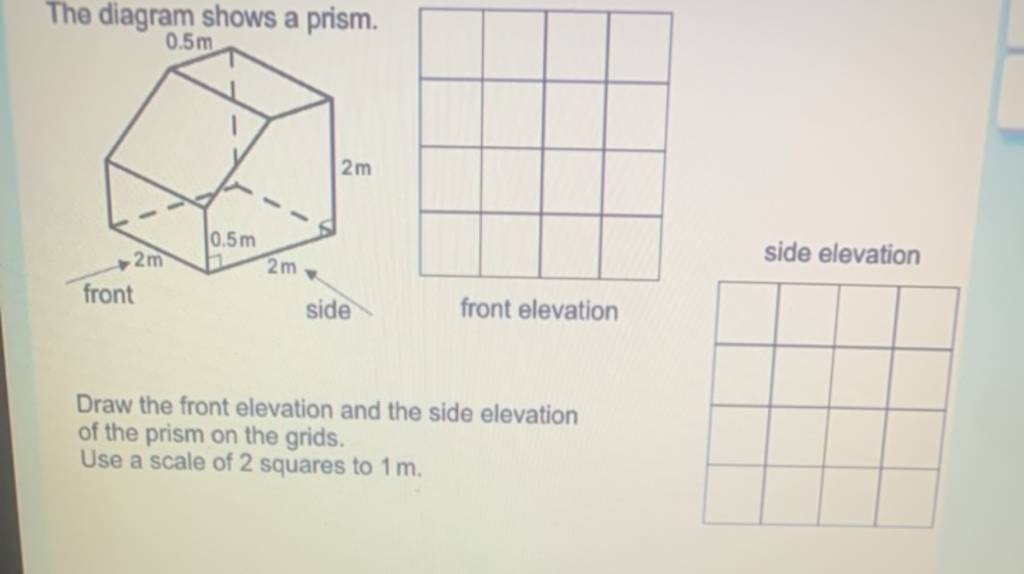 The diagram shows a prism. side elevation Draw the front elevation and