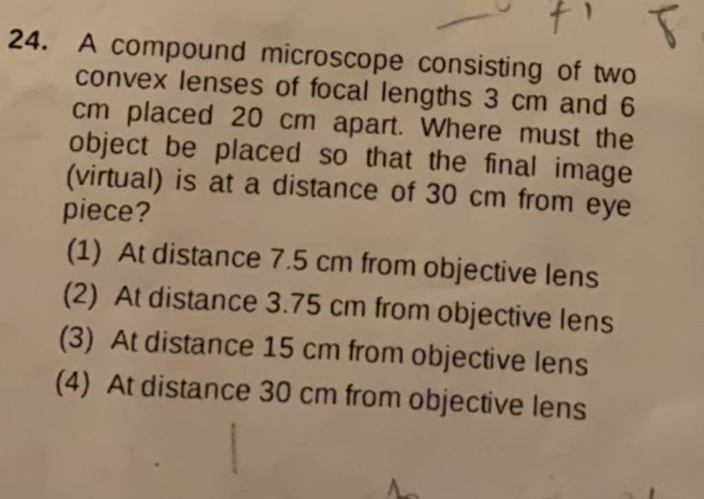 A compound microscope consisting of two convex lenses of focal lengths 3