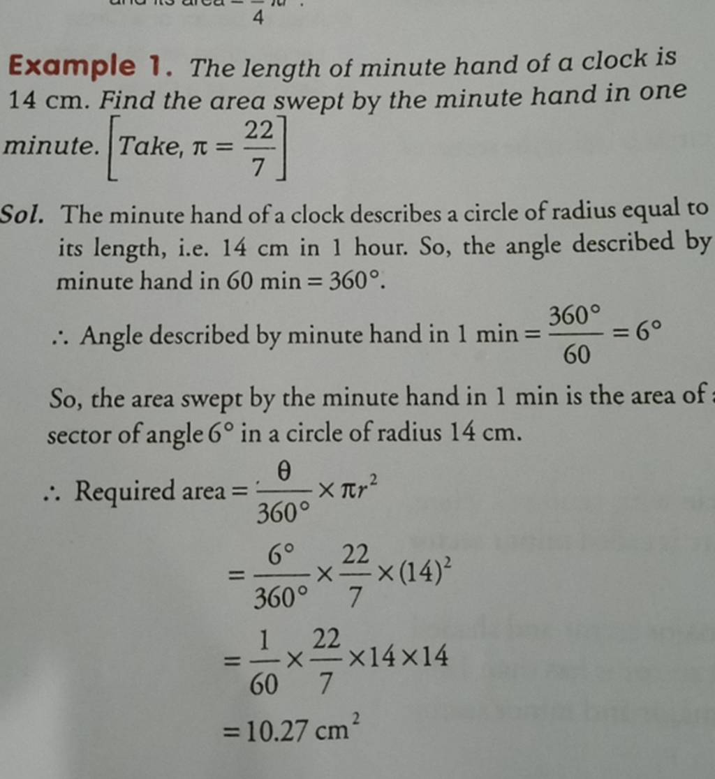 Example 1. The length of minute hand of a clock is 14 cm. Find the area s..