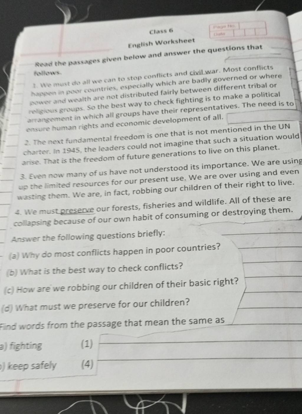 class 6 English Worksheet Read the passages given below and answer the qu..