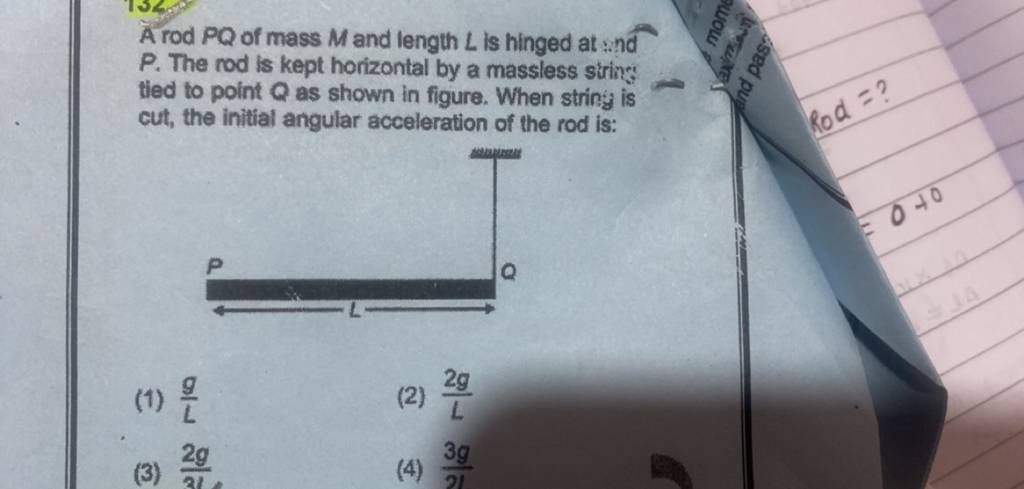 A Rod Pq Of Mass M And Length L Is Hinged At Nd P The Rod Is Kept Horiz