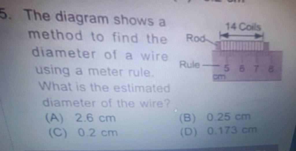 The diagram shows a method to find the diameter of a wire using a meter r..