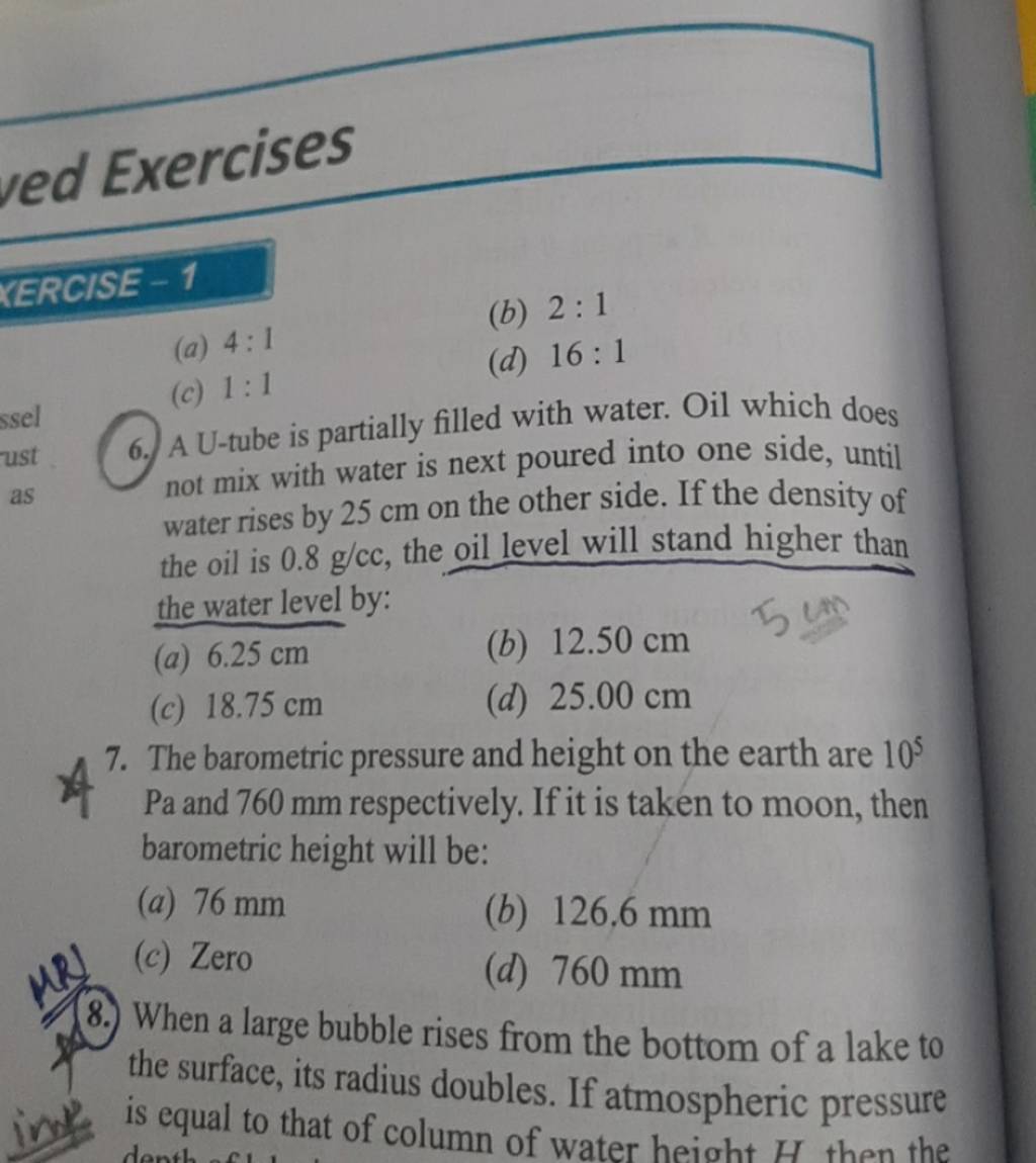 The barometric pressure and height on the earth are 105 Pa and 760 mm res..