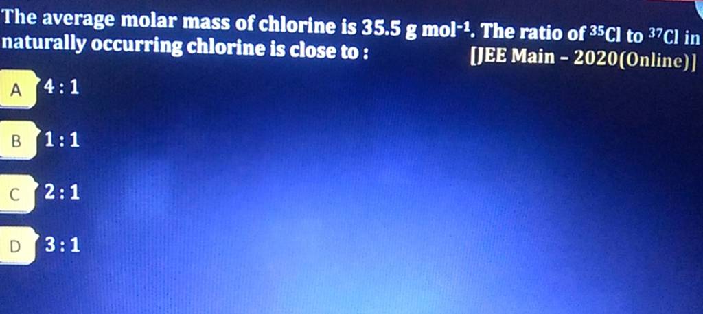 The average molar mass of chlorine is 35.5 g mol−1. The ratio of 35Cl to