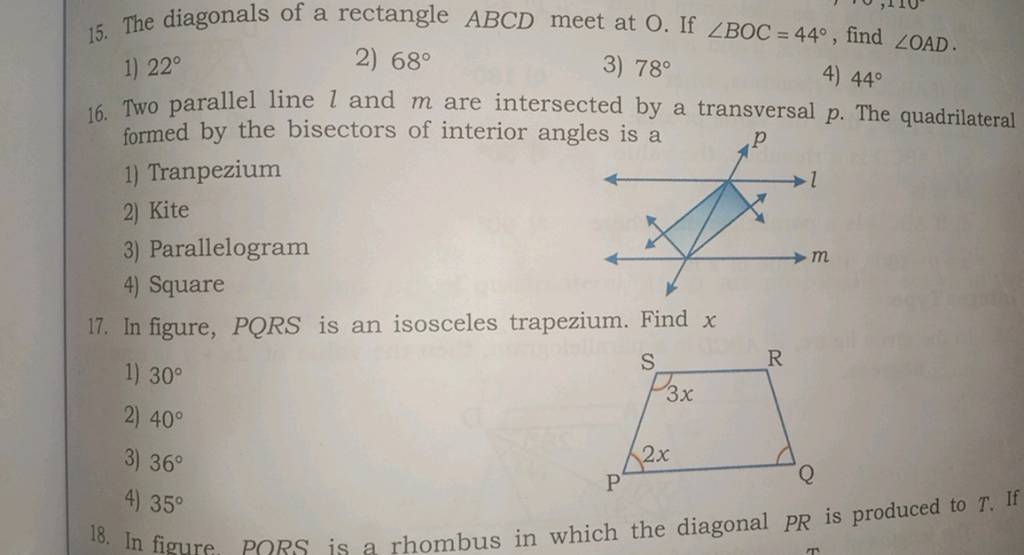 The Diagonals Of A Rectangle Abcd Meet At O If ∠boc44∘ Find ∠oad 