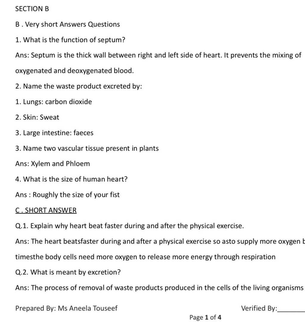 SECTION B B. Very Short Answers Questions 1. What Is The Function Of Sept..