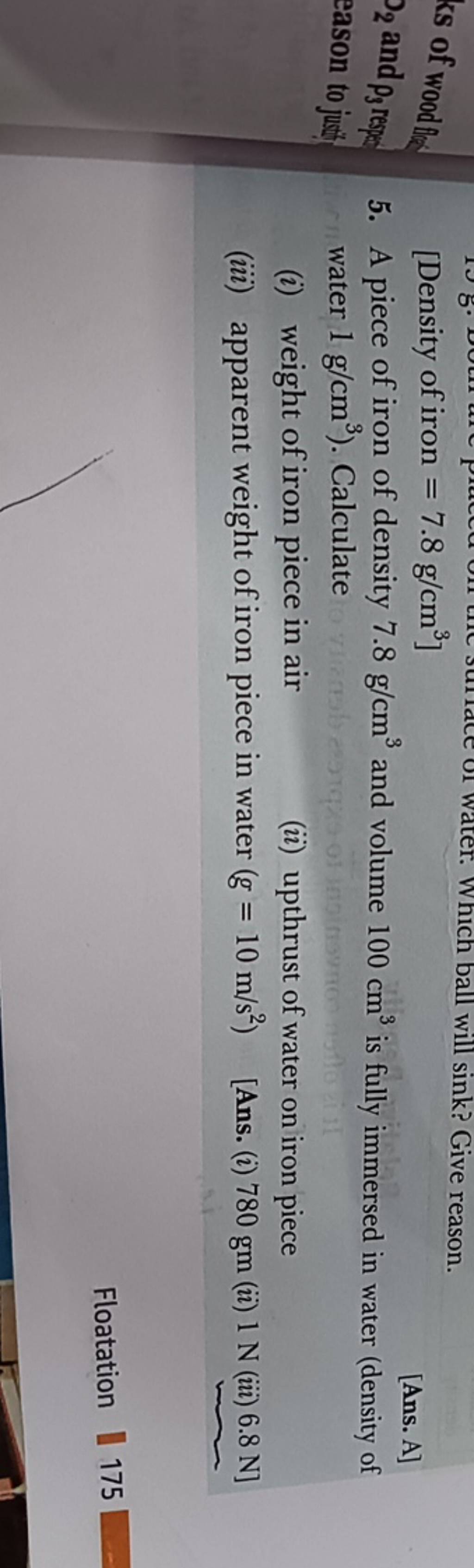 [ Density of iron =7.8 g/cm3] 5. A piece of iron of density 7.8 g/cm3 and..