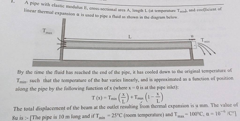 1. A pipe with elastic modulus E, crosssectional area A, length L (at te..