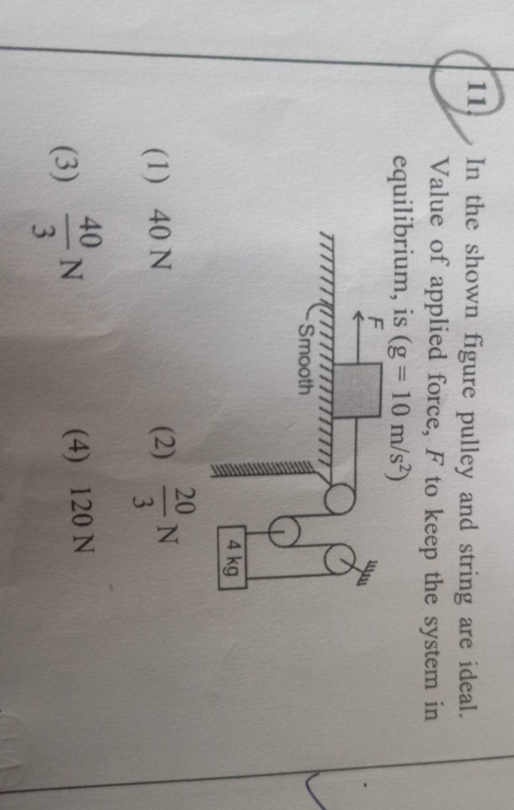 In the shown figure pulley and string are ideal. Value of applied force,