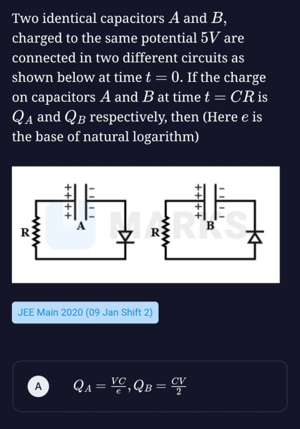Two identical capacitors A and B, charged to the same potential 5 V are c..