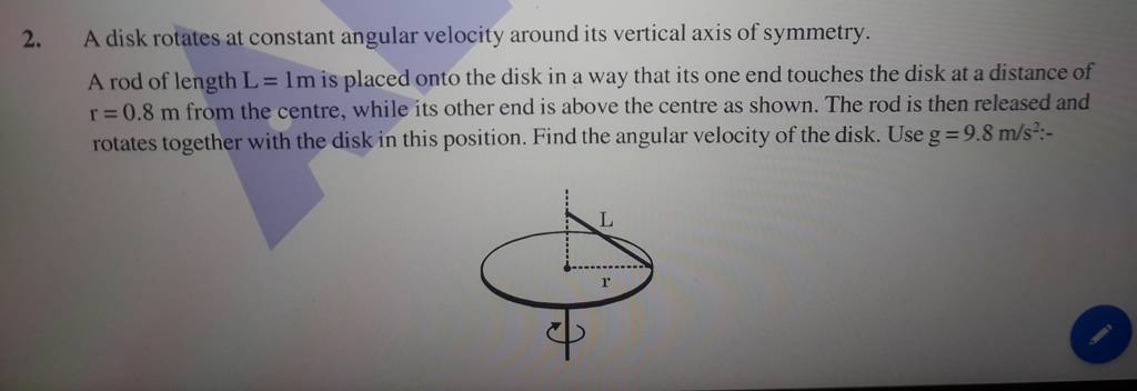 2. A disk rotates at constant angular velocity around its vertical axis o..