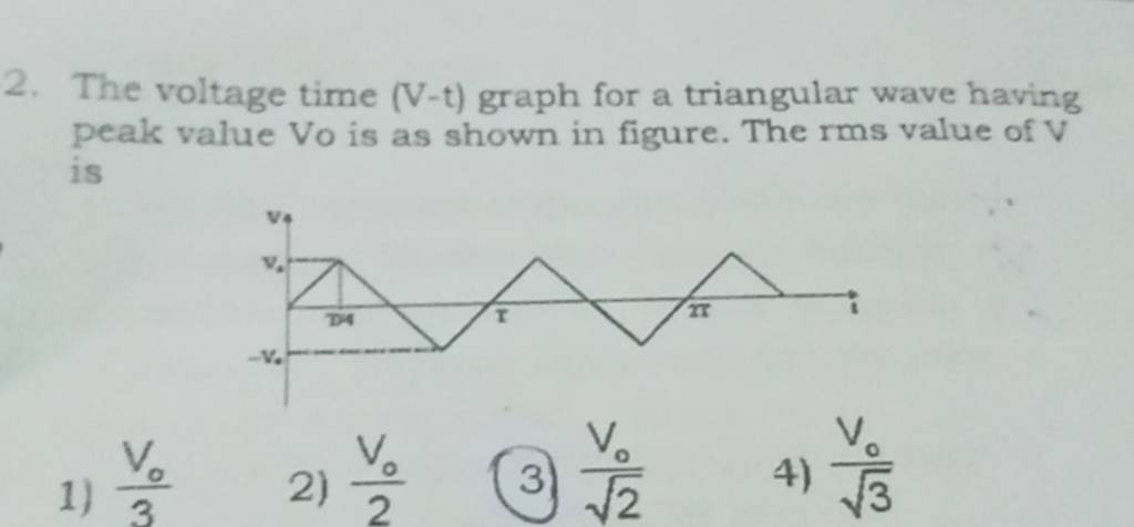The voltage time (V−t) graph for a triangular wave having peak value Vo i..
