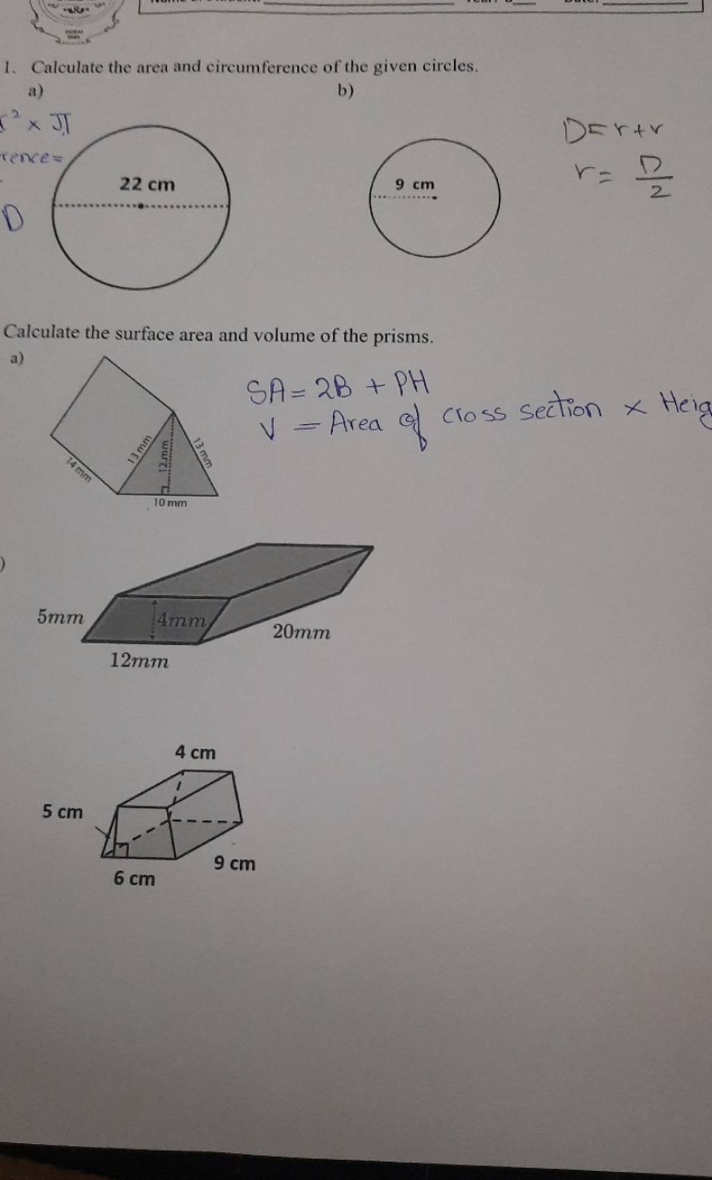 1. Calculate The Area And Circumference Of The Given Circles. A) B) D=r+r..