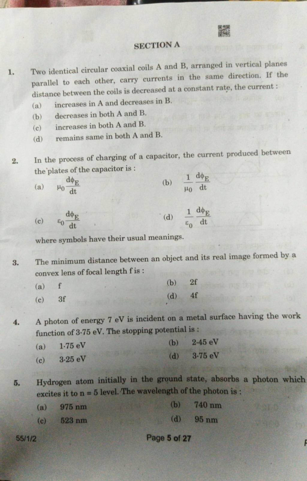 SECTION A 1. Two Identical Circular Coaxial Coils A And B, Arranged In Ve..