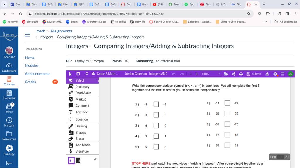 → с spotify!! MCPS Account Dashboard Courses 200 Calendar Stud E Inbox Hi..