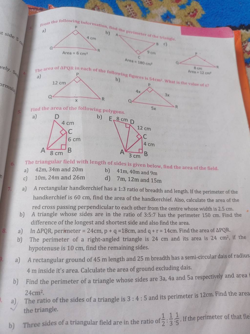 a) In PQR, perimeter =24 cm,p+q=18 cm, and q+r=14 cm. Find the area of