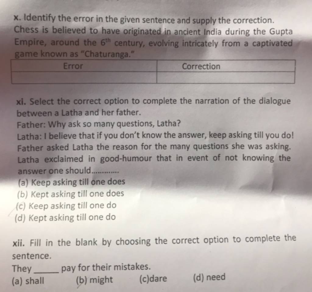 Identify the error in the given sentence and supply the correction chess 