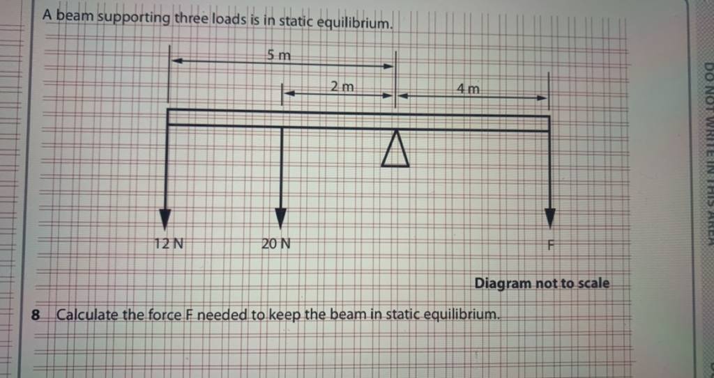 A beam supporting three loads is in static equilibrium. Diagram not to sc..