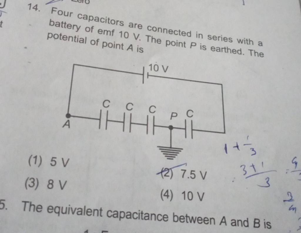 Four capacitors are connected in series with a battery of emf 10 V. The p..