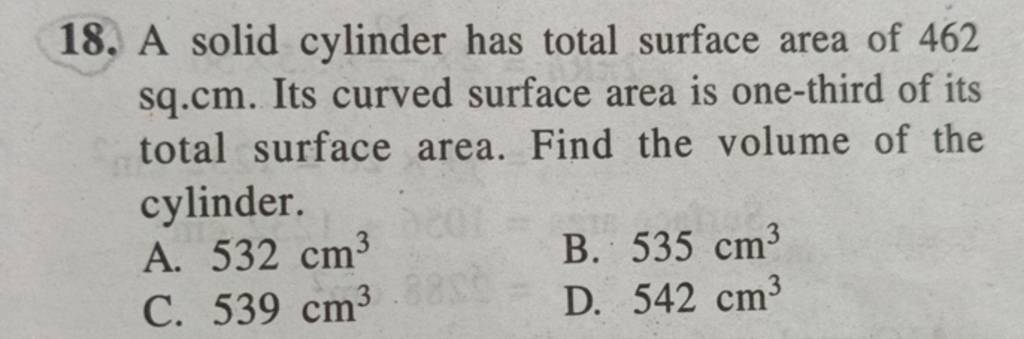 solid cylinder has total surface area of 462 sq cm